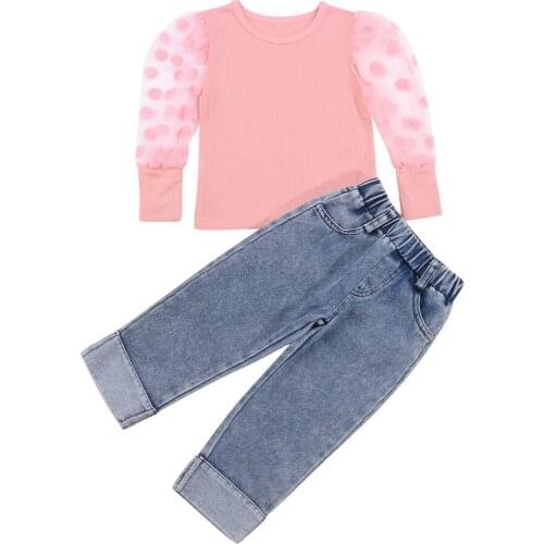 2021 2-7Y Fashion Kids Baby Girl Clothes Dot Mesh Puff Long Sleeve Pink Knit Blouse+Pockets Denim Crimped Denm Pants Fall 2pcs