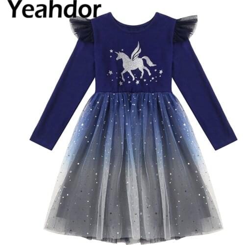 Kids Girls Halloween Cosplay Casual Dresses Round Neck Long Sleeves Glittering Cartoon Horse Print Gradient Color Mesh Dress