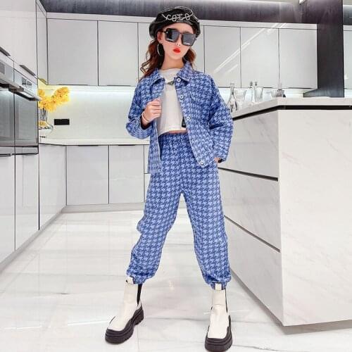 Teen Girls Cowboy suit For Kids Overalls Set Autumn Cool Long Sleeve Jacket Cargo Pants Girls Plaid Formal Suit Jackets+Pants