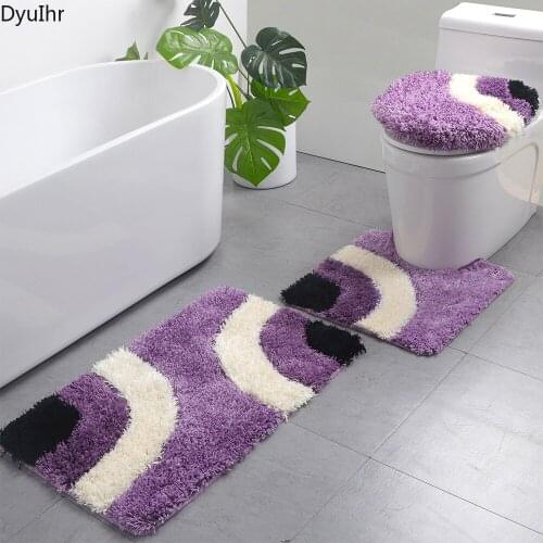 DyuIhr European Geometric Flocking Floor Mat Kit Toilet Water Absorbent Anti-slip Mat U Cushion Toilet Mat Bathroom Accessories