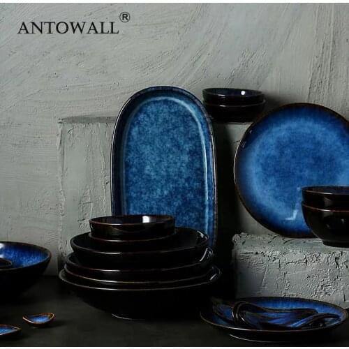 ANTOWALL Dim Blue Ceramic Tableware Dinner Set Bowl Dishes Plate Services Set Porcelain Tableware