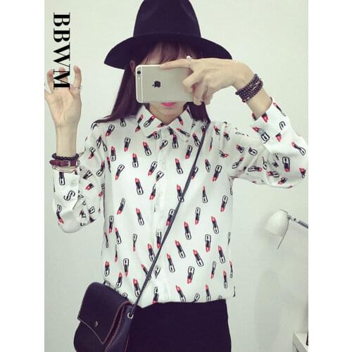 Korean Version Slim Long-sleeved Lipstick Printed Chiffon Shirt Autumn Simple Wild Elegant Womens Shirt White Black Female Tops