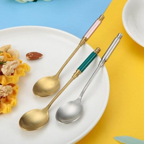 Retro Stainless Steel Spoon Fork Tableware Palace Style Cylindrical Handle Matte Drawing Process Coffee Spoon Dessert Hot Sell