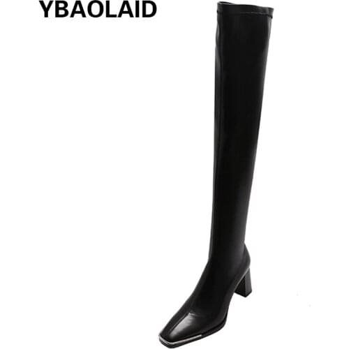 New Autumn and Winter Square Toe Patent Leather Over The Knee Stretch Boots Solid Color Sleeve High-heeled Knight Boots