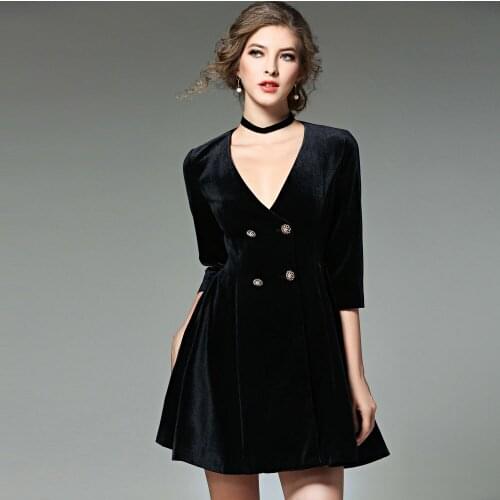 New Autumn Women Vintage Dresses Ladies Sexy Deep V-Neck High Waist Robe Patchwork Black Dress Vestidos Mujer W/Necklace BH518A