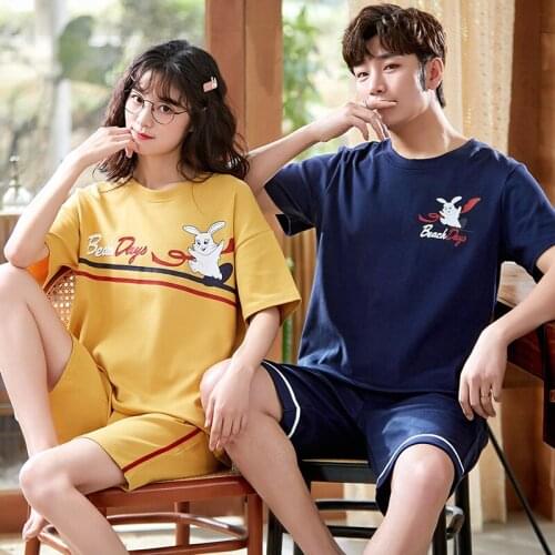 Couple Summer Pajamas Cotton Kawaii Bunny Cartoon Womens Pajamas Set Simple Casual Loose O-Neck Blue Short Sleeve Men Sleepwear