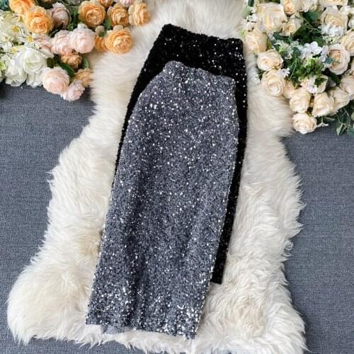 Popular Celebrity Women Bling Bling Sequined High Waist Skirt Fashoin Medium Long One Step Skirt