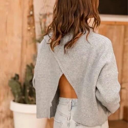 Foridol Backless Knitted Female Pullovers Autumn Long Sleeve Sweater Jumper Casual Oversized Grey 2021 Sweater Pull Femme