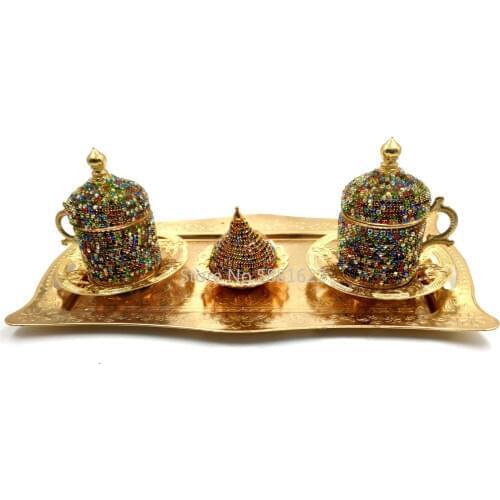 Handmade Clover Design Turkish Greek Arabic Coffee Espresso Serving Set for 2,Cups Saucers Lids Tray Delight Sugar Dish