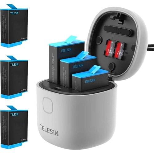 Battery Charger with 3 batteries for GoPro Hero 9 Black with USB 3.0 Micro SD Card Reader Function Waterproof Storage Case