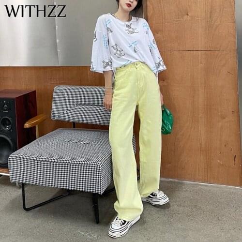 WITHZZ Spring Summer Womans Loose Adjustment Buckle Straight Pants Candy Colors Denim Female Jeans
