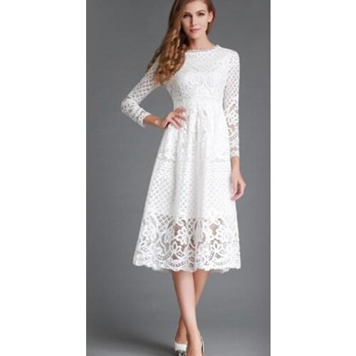 High Quality Elegant Hollow Out Lace Dress Women Long Sleeve Autumn Style Midi-calf White Lace Dress Spring Party Dress Vestidos