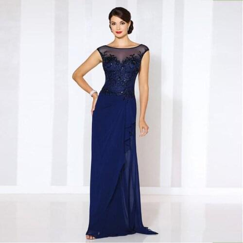2021 Exquisite Royal Blue Slim Boat Neck Cap Sleeves Mother of the Bride Dresses Beading Bodice Wedding Party Gowns