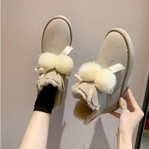 Ankle Snow Boots Shoes for Girls Sheepskin Suede Leather Shearling Wool Fur Lined Women Short Winter Boots Pom-pom Style U11-30