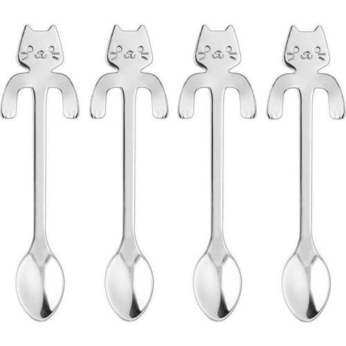 Cute cat shape cafe, tea, sugar and cake 4 x stainless steel spoons (silver)