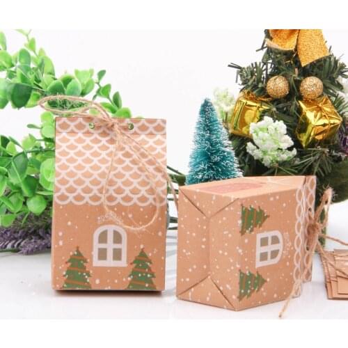 5PCS Merry Christmas Guests Packaging Boxes House Shape Christmas Candy Gift Bags Xmas Tree Cookie Bags Party Decoration