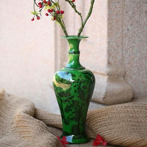 Antique Peacock Green Glaze Jingdezhen Ceramic Vase Flower Vase Handmade furnishing articles Sitting room bedroom decoration