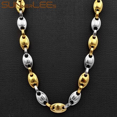 SUNNERLEES Jewelry Stainless Steel Necklace 10mm Coffee Beans Link Chain Silver Color Gold Plated Men Women SC75