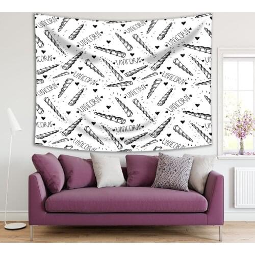 Tapestry Magic Unicorn Horn and Hearts Fantasy Monochrome Black and White Cartoon Children Artwork Printed Kids