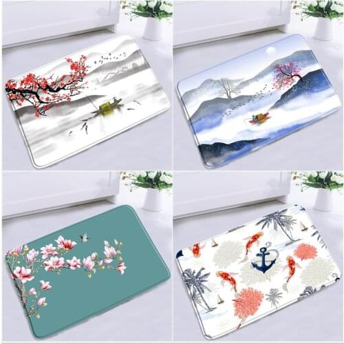 Chinese Style Ink Landscape Non-slip Bathroom Mat Red Plum Mountain Water Flower Bird Flannel Bath Kitchen Entrance Aisle Rugs