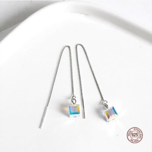 LKO 925 Sterling Silver Austrian Aurora Cube Crystal Earrings For Woman Long Tassel Earrings New Fashion Zircon Jewelry Gifts