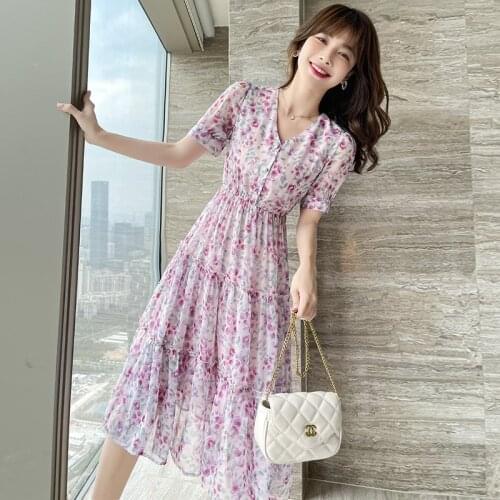 Sweet Floral Print Dress Women V Neck Short Sleeve Elegant Midi Dresses Women 2021 Summer Slim Retro Purple Dress Female CX2008