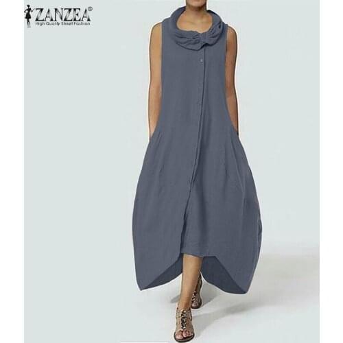 Fashion Summer Sundress Women Sleeveless Solid Loose Mid-calf Dress 2021 ZANZEA Casual Asymmetrical Hem Party Vestidos Sarafans