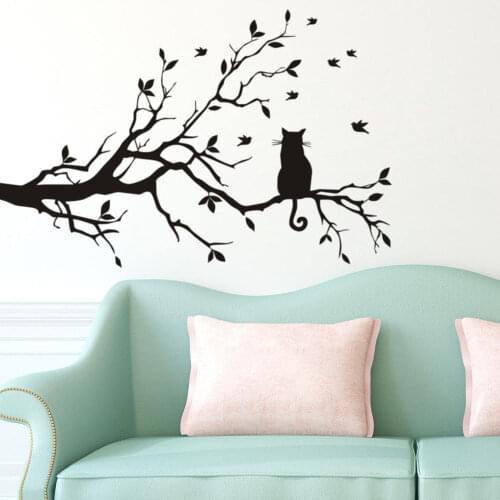 Cat Sitting On Tree Wall Stickers Art Animal Vinyl Sticker Removable Self Adhesive Decal Sofa Background Kids Room D501C