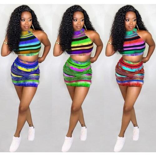2021 Summer New Style Fashion Print Striped Halterneck Temperament Commuting Multicolor 2-Piece Female