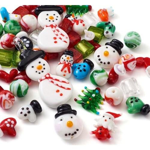 Pandahall 55pc/Box Handmade Lampwork Beads Snowman Xmas Tree Beads for DIY Christmas Jewelry Home Party Decorations Making Craft