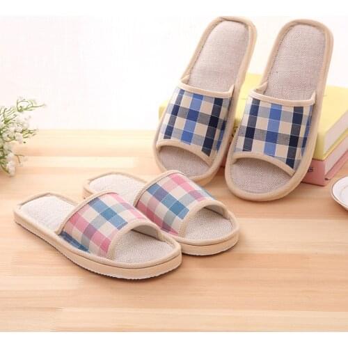 Portable Casual Soft Flat Slippers Womens Fashion Casual Couples Gingham Home Slippers Indoor Floor Flat Shoes Unisex Summer