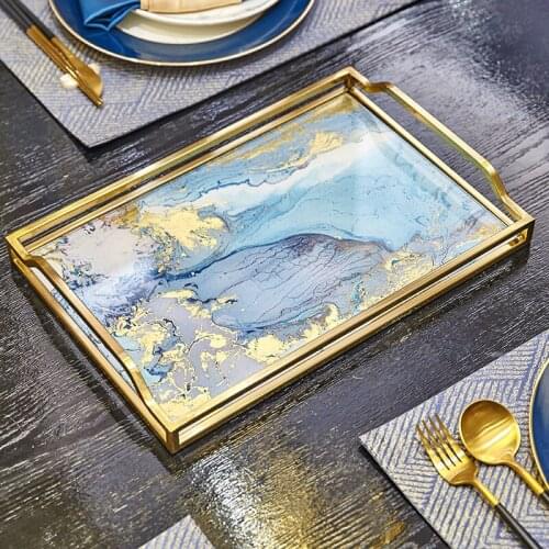 Agate Texture Glass Trays Decorative Gold Foil Copper Frame Jewelry Necklace Display Tray Skincare Storage Plate Home Decoration