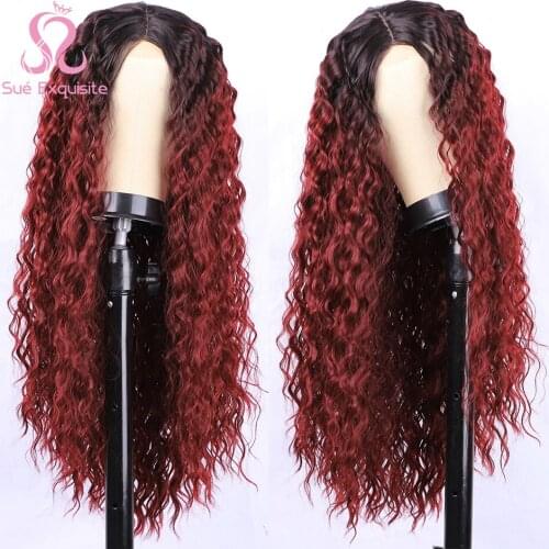 SUe EXQUISITE Long Curly Wig Synthetic Wigs for Black Women Red Cosplay Heat Resistant Middle Part Wig for Women