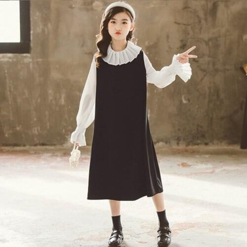 Spring Autumn Big Girls Dresses Cute Chidlren Costume Little Girl Clothes Kids Dress Flare Chiffon Sleeve White Black Patchwork