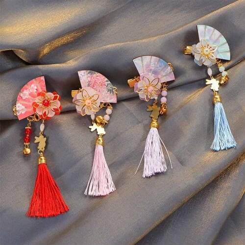 Chinese Style Vintage Wood Fan Tassel Hair Clip Pin Kimono Headpiece Costume Cosplay Children Hairpin Hair Accessories