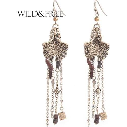 Wild&Free Handmade Jewelry Alloy Ginkgo Leaves Long Drop Earrings For Women Vintage Link Chain Tassel Earrings Fashion Lady Gift