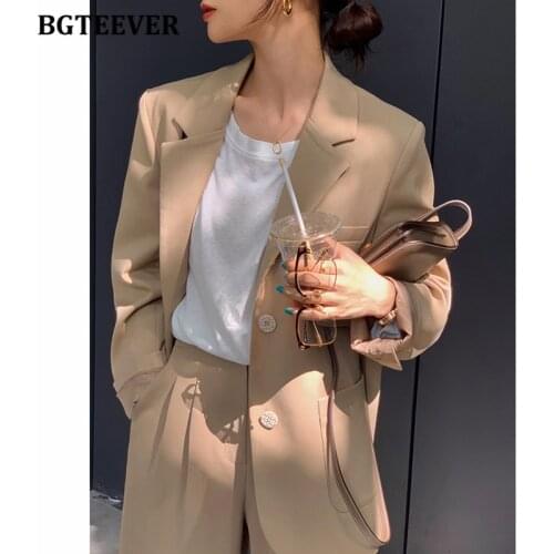 BGTEEVER Casual Loose Notched Collar Solid Female Suits Coats Long Sleeve Single-breasted Pockets Women Blazer 2021 Autumn