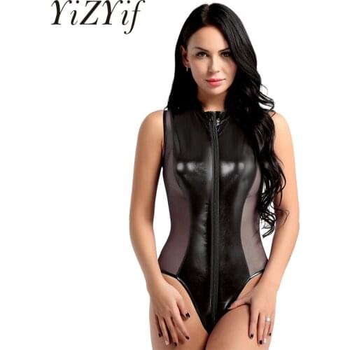 Women Lingerie Bodysuit Shiny Metallic Patent Leather Sheer Mesh Splice Sleeveless Double Zipper High Cut Thong Leotard Bodysuit