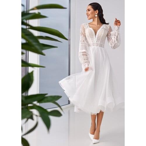 Fanweimei Tea Length Wedding Dress 2021 Elegant V-Neck Lace Long Sleeve Custom Made Organza Bridal Gowns Dress with Button Back