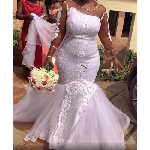 2020 Plus Size Arabic Aso Ebi Sparkly Mermaid Sexy Wedding Dresses Lace Beaded Bridal Dresses Sheer Neck Wedding Gowns
