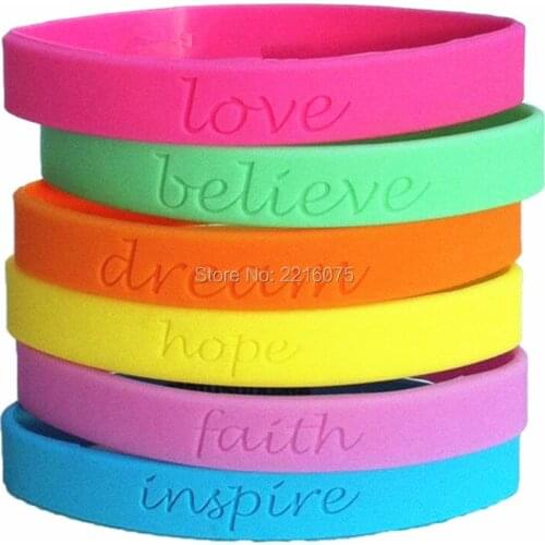 300pcs Debossed Religious Love Believe Dream Hope Faith Inspire wristband silicone bracelets free shipping by DHL express