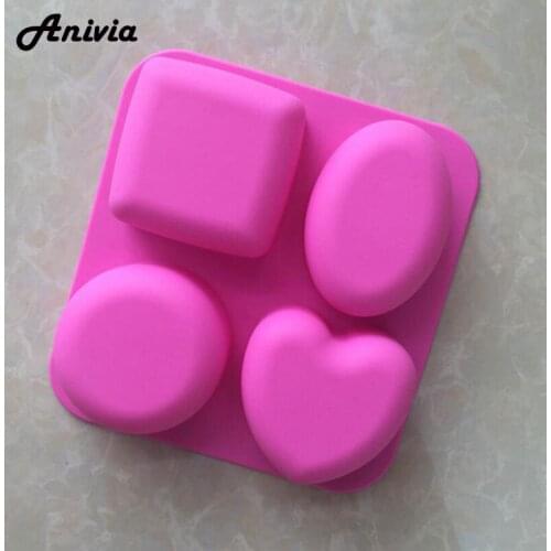 4 Cavity Square Round Heart Oval Shapes Soap Mold Handmade Soap Silicone Cake Chocolate Mold DIY Decoration Tool ,Random Color