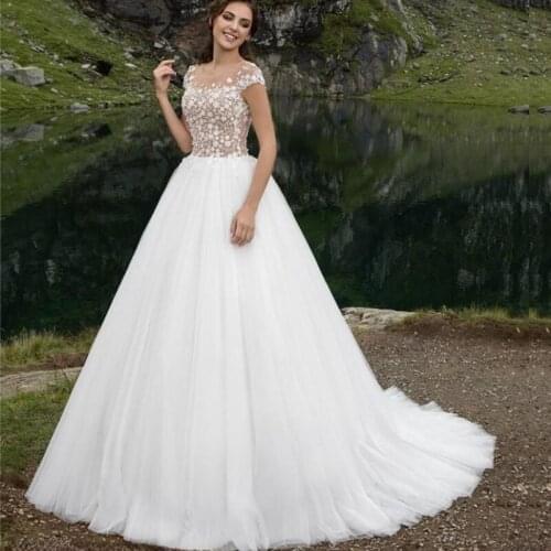 Illusion Ball Gown Tulle Wedding Dress Scoop Neck Beading Flower Bride Gown Sweep Train Zipper Back Wedding Gown