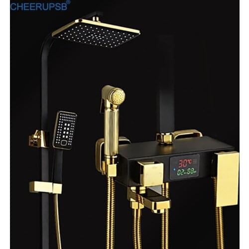 Digital Shower Set Bathroom Wall Mount Thermostatic LED Shower System Hot Cold Mixer Bath Faucet Square Head Rainfall Brass Tap