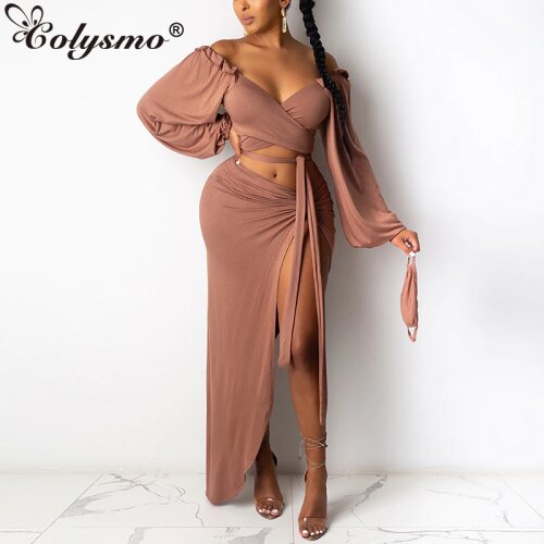 Colysmo 2 Piece Set Women Tie Up Long Sleeve Crop Top Black Split Long Skirts Beach Party Wear 2 Piece Skirt Set Sexy Clothes