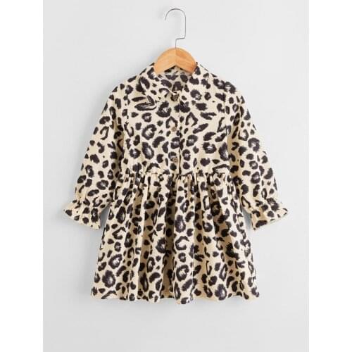 FOCUSNORM Autumn Children Kids Girls Sweet Style Dress Leopard Print Lapel Long Sleeve Front Button A-Line Dress 2-7Y