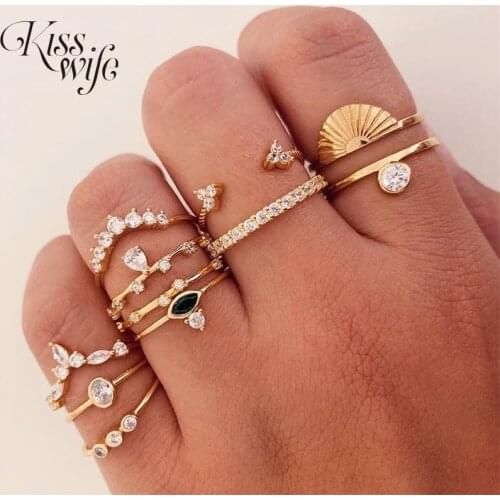 KISSWIFE New Vintage Gold Crystal Rings 2020 Bohemian Geometry Ring For Women Midi Finger Ring Set Wedding Fashion Jewelry Gifts