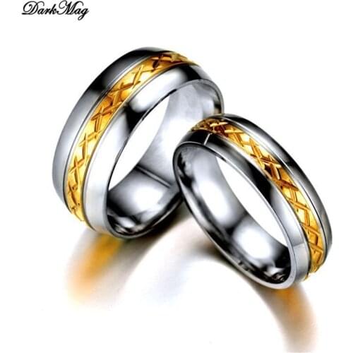 DarkMag Gold Color line Wedding Bands Ring for Women Men Jewelry Stainless Steel Engagement Ring Couple Anniversary Gift