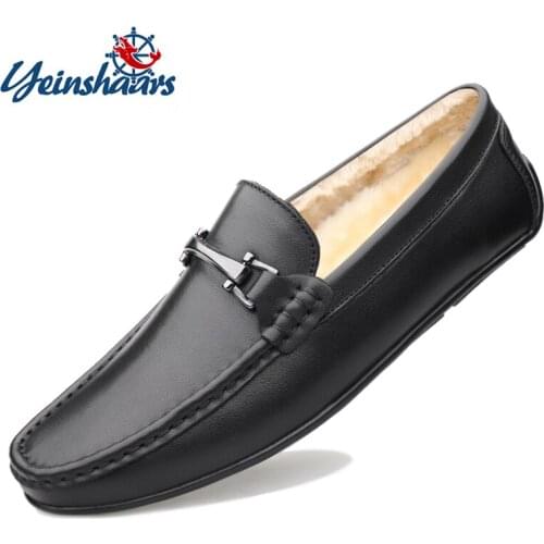 Men Winter Leather Loafers Plush Warm Driving Shoes Luxury Brand Fur Moccasins for Men Leather Driving Loafers Black Shoes