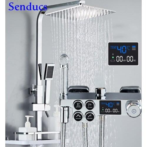 Digital Shower Set Senducs Chrome Bathtub Faucet Rainfall Thermostatic Shower Set Press Handle Digital Bathroom Shower Mixer Set